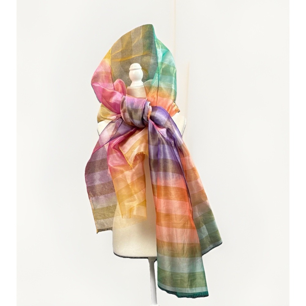 Vtg 90s Adrienne Landau Wrap Rainbow Plaid Sheer Organza Shawl Scarf - Picture 4 of 9
